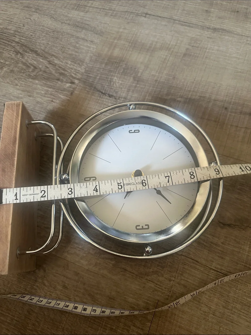 Silver and White Tabletop Clock with Wood Base - Minimal Decorative Clock